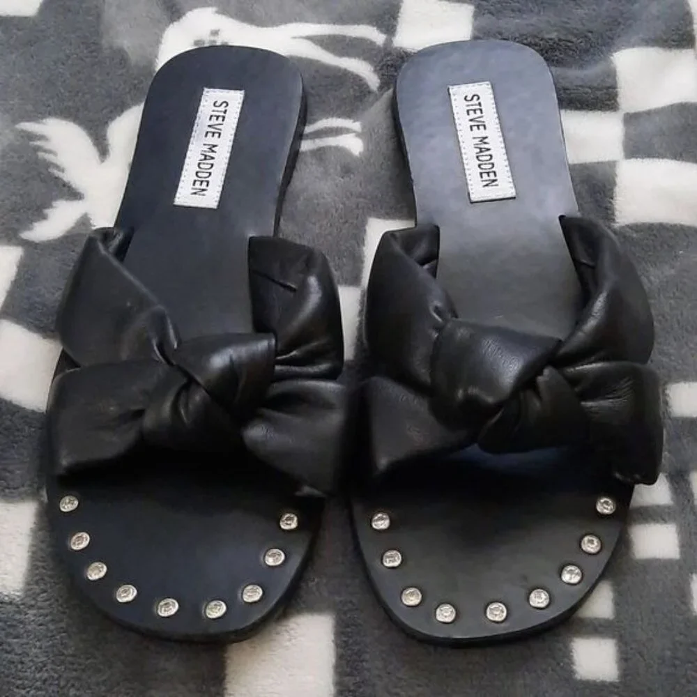Steve Madden Black Knotted Slide Sandals with Stud Accents
